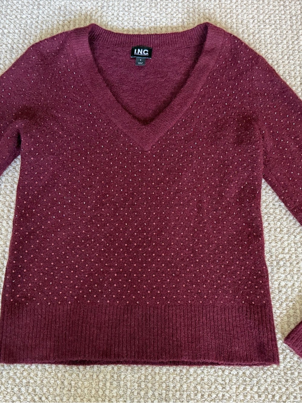 INC International Concepts Studded Sparkle V-Neck Sweater Women’s Small Burgundy